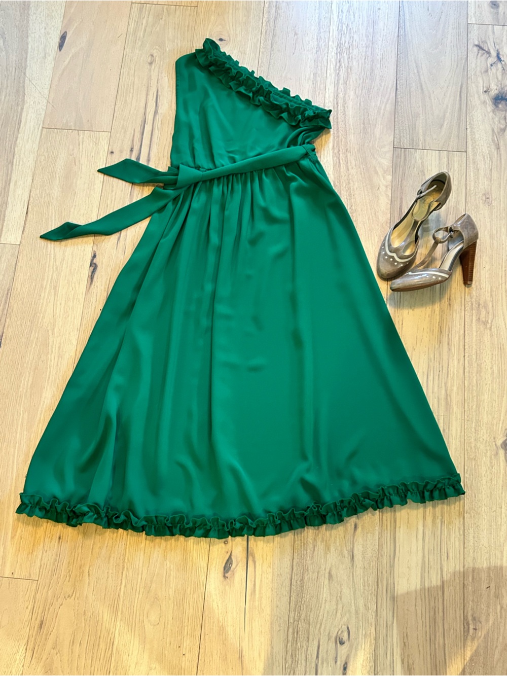 Emerald Green Ruffle Trim Midi Dress